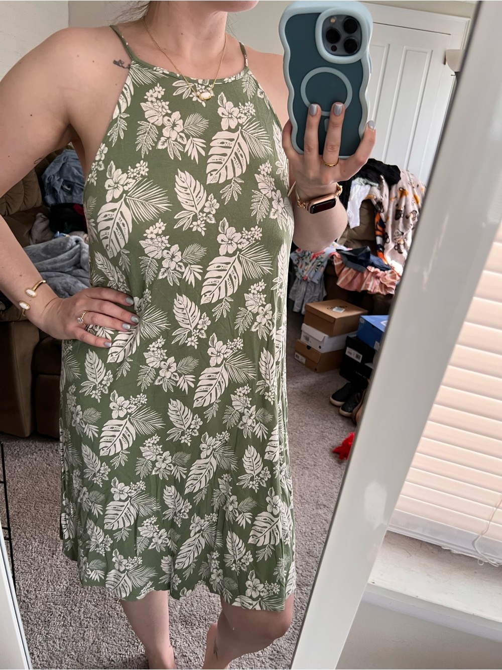 Forever 21 Olive Green Floral Halter Midi Dress